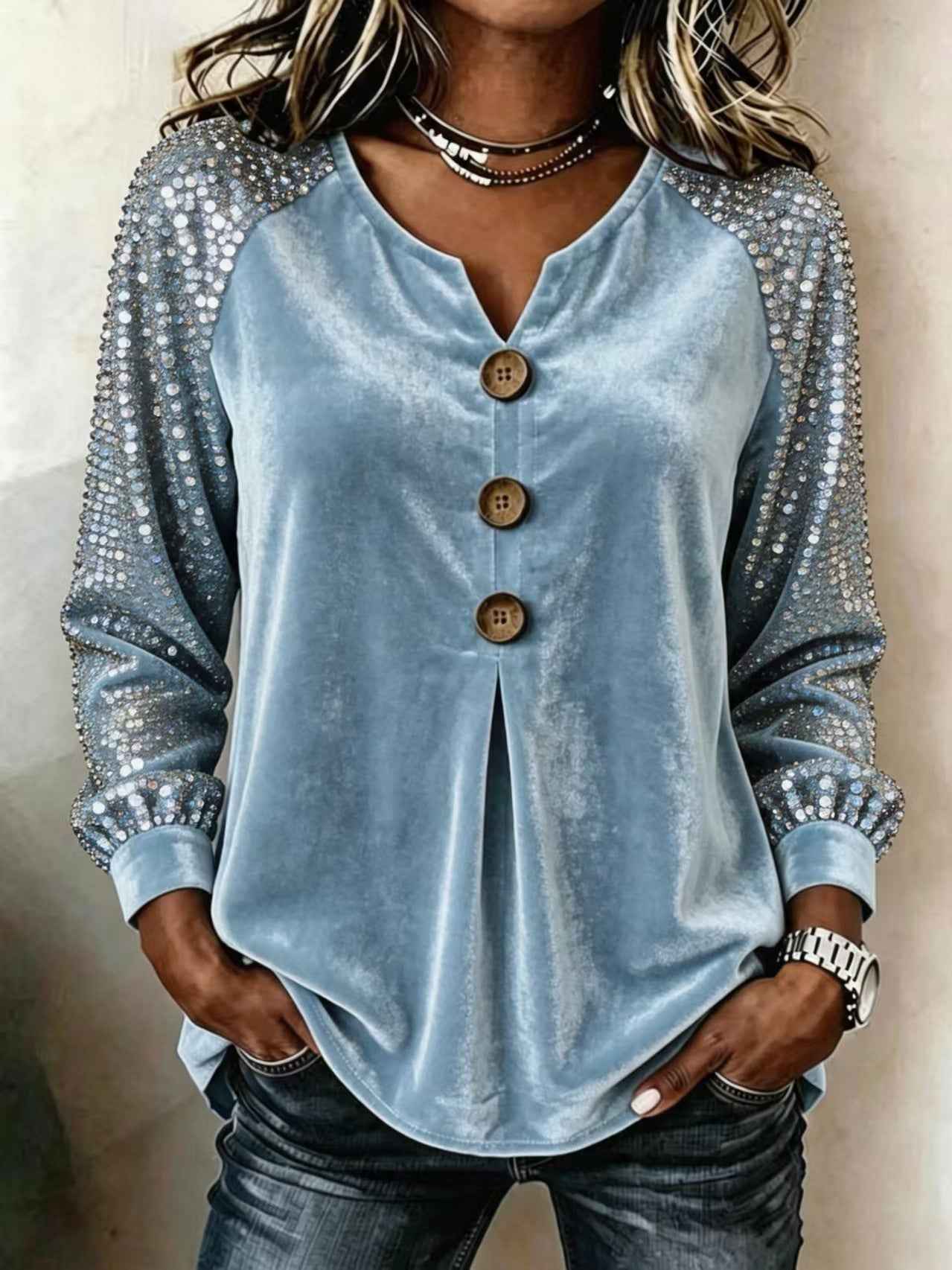 Button And Sequin Long-sleeve Womens Casual Top