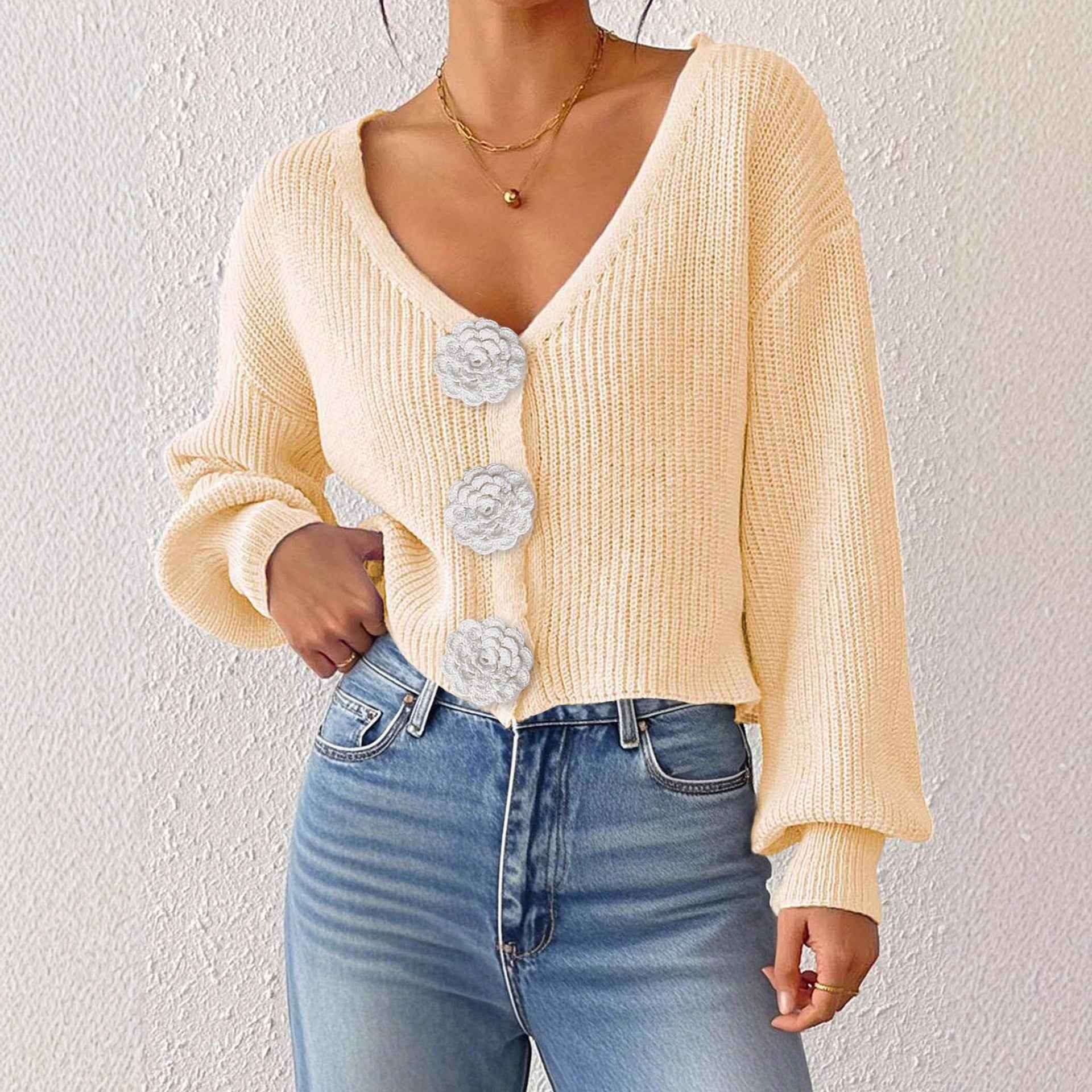 3D Floral Crochet Open-Front Cardigan – Cropped, Long Sleeve