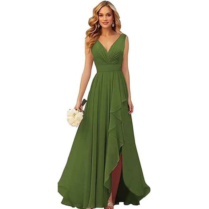 V-neck Pleated Slit Chiffon Dress With Tie Straps