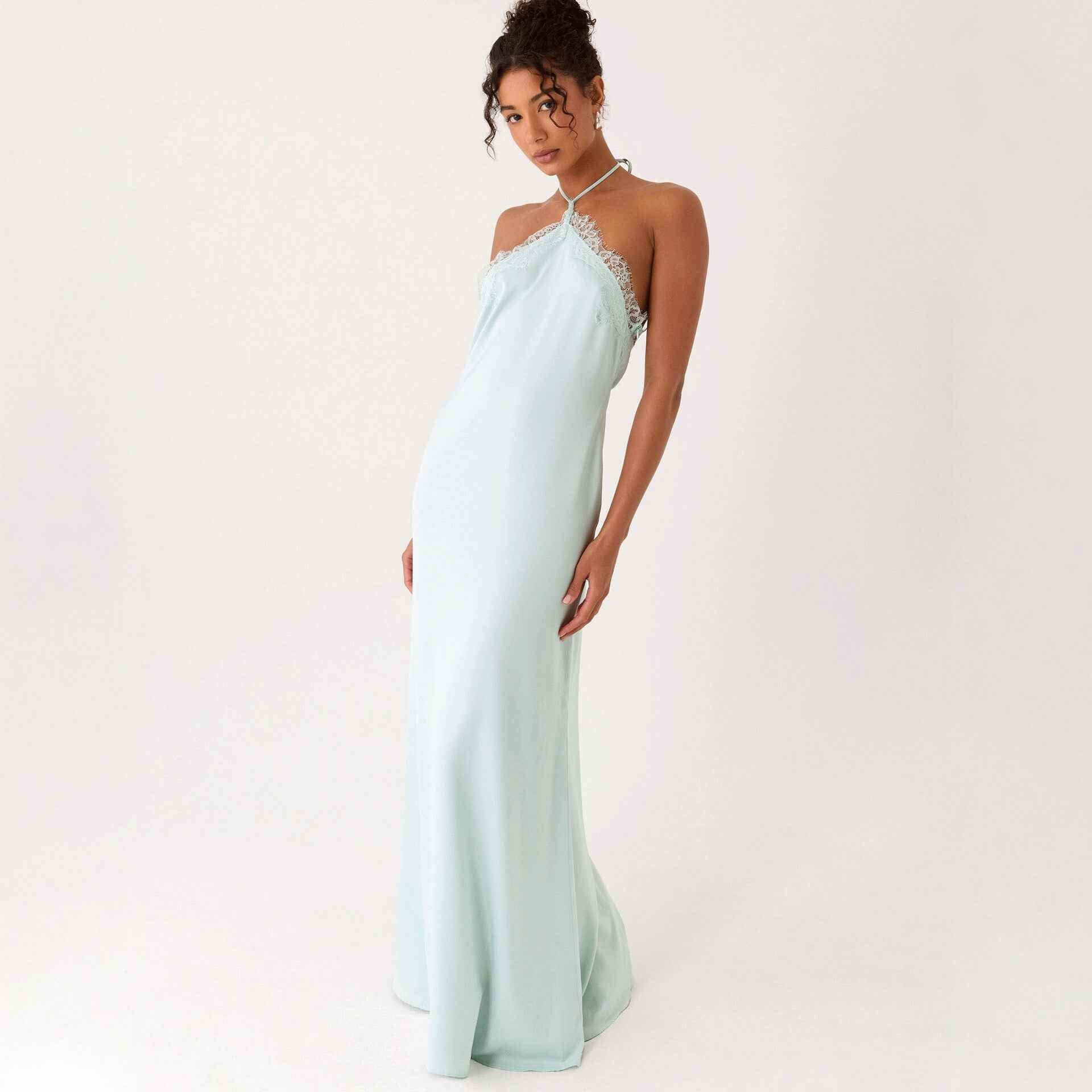 Lace-Spliced Open-Back Slim-Fit High-Waist A-Line Long Slip Dress