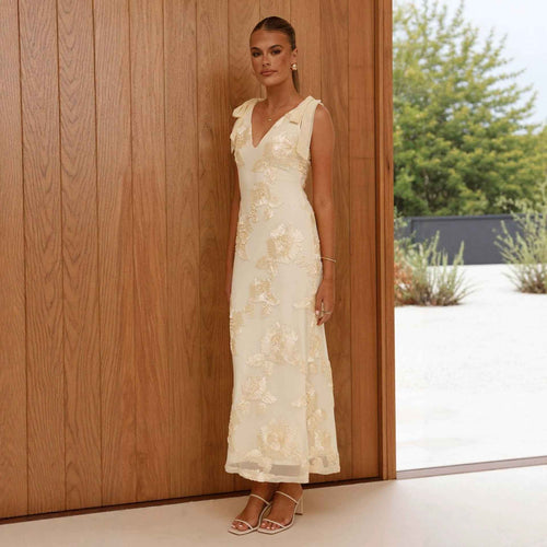 Womens Long Dress With 3D Embroidery Backless Design And Cross-Tie Straps