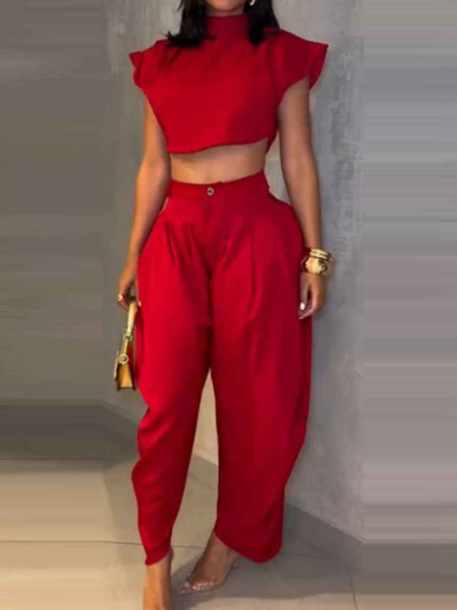 Three-Quarter Sleeve Top & High-Waist Trousers Set — 2 Colours