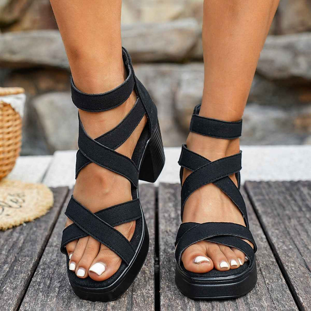 Suede Buckle-Strap Square-Toe Peep-Toe Sandals