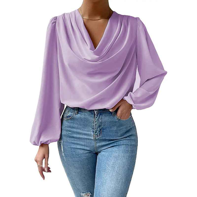 Chiffon Balloon-Sleeve Top — Ruffle Trim Pullover