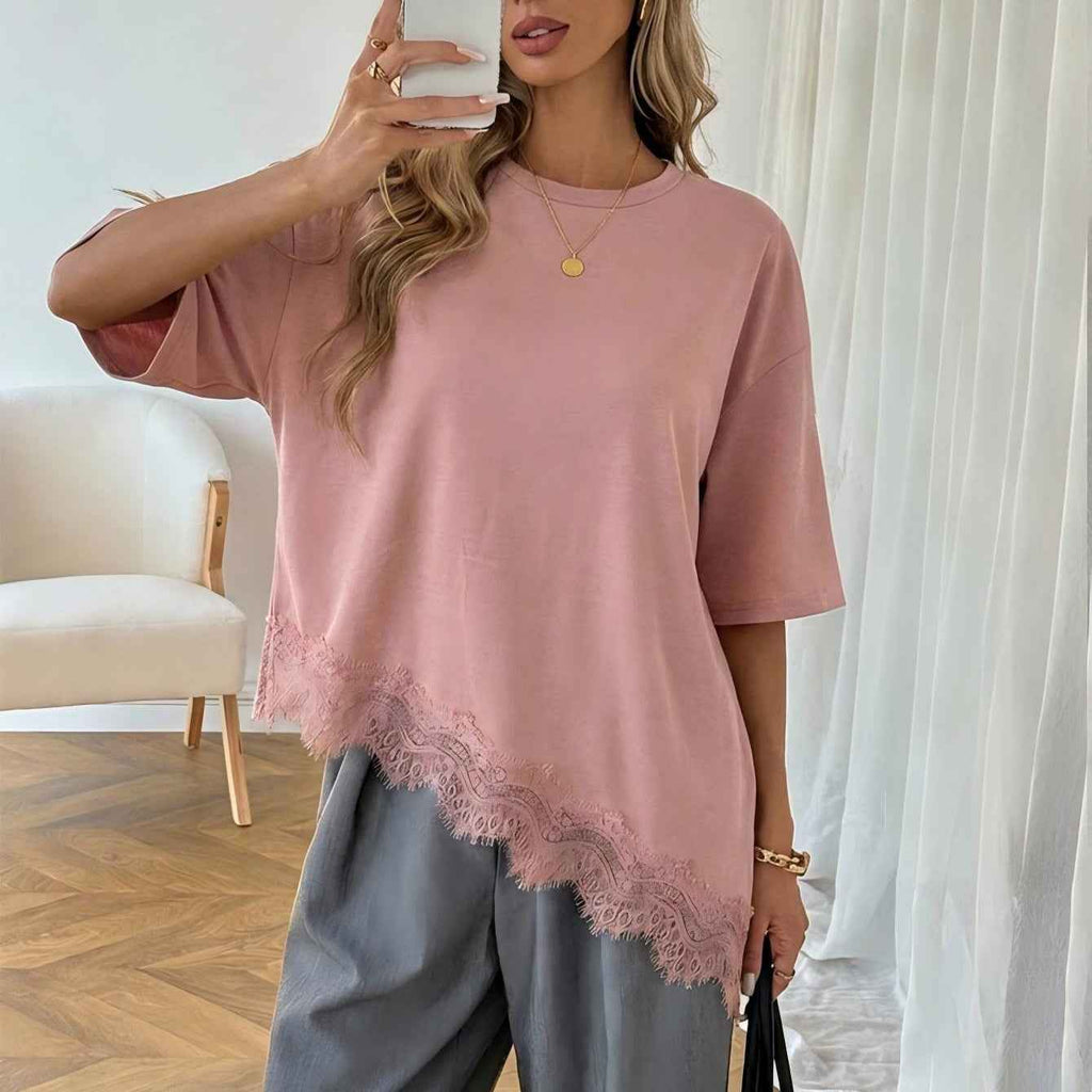Lace-Trim Top — Slanted Hem, 3/4 Sleeve Minimalist Style