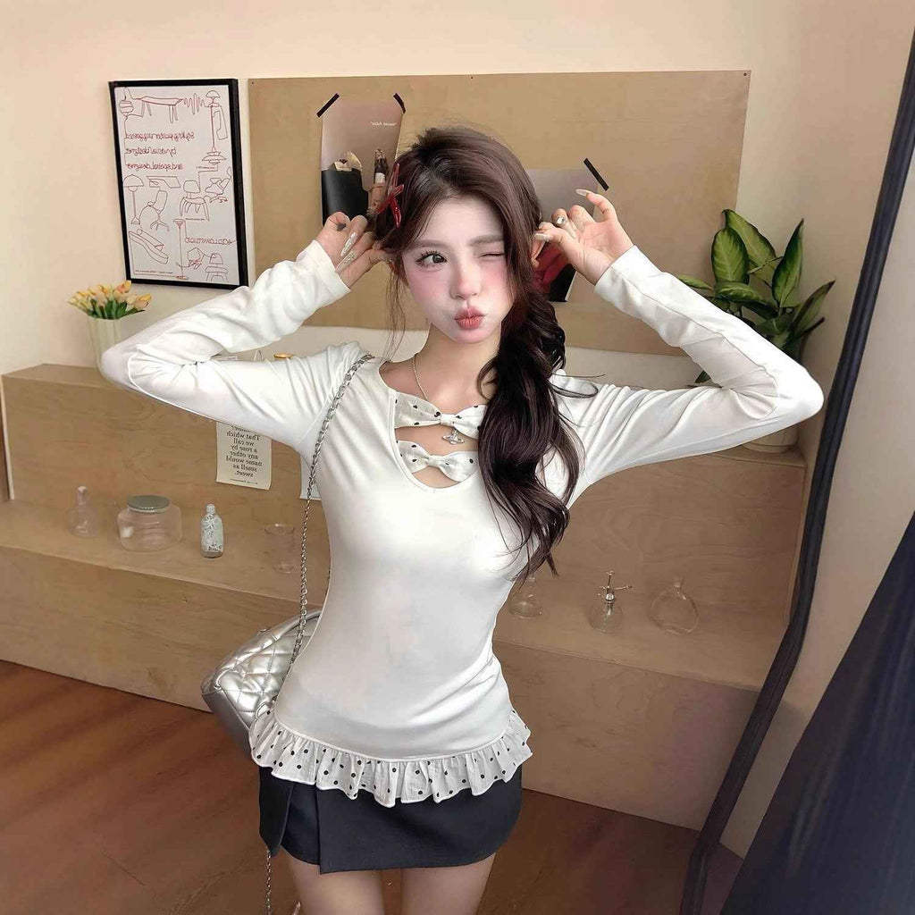 Cotton Lace-Spliced Long-Sleeve Top — Sweet Korean Style
