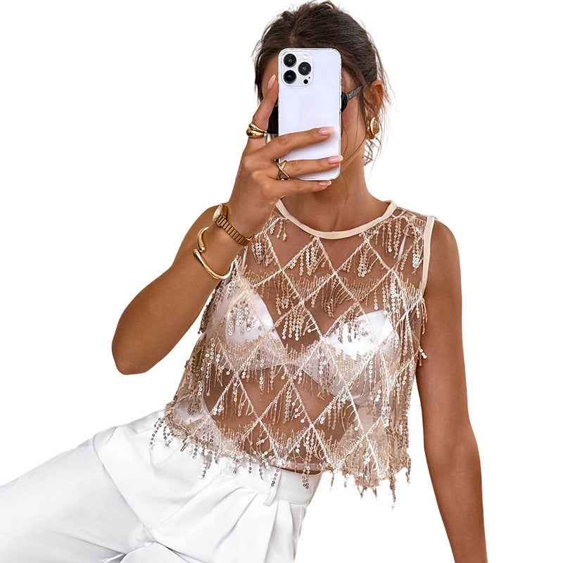Women's Off-Shoulder Sequin Tassel Tank Top – Party & Stage, Black & Champagne