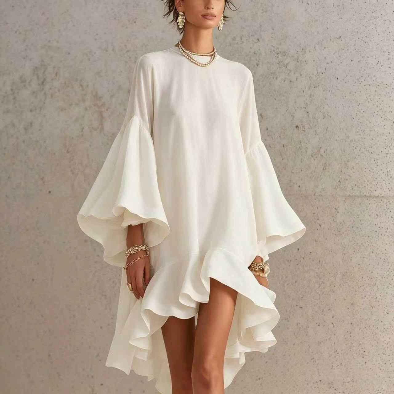 Asymmetrical Round-neck Dress With Puff Sleeves And Ruffled Trim