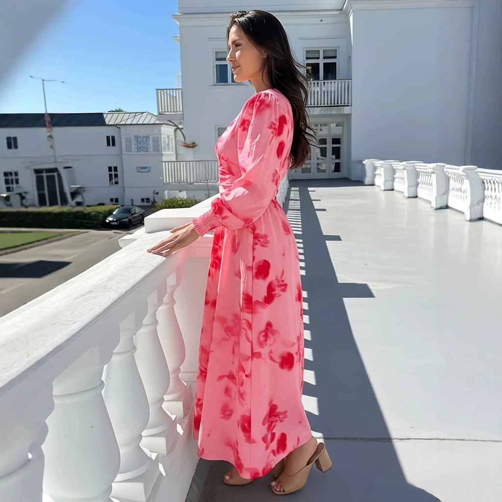 French Romantic Floral V-Neck Waist-Cinching Dress