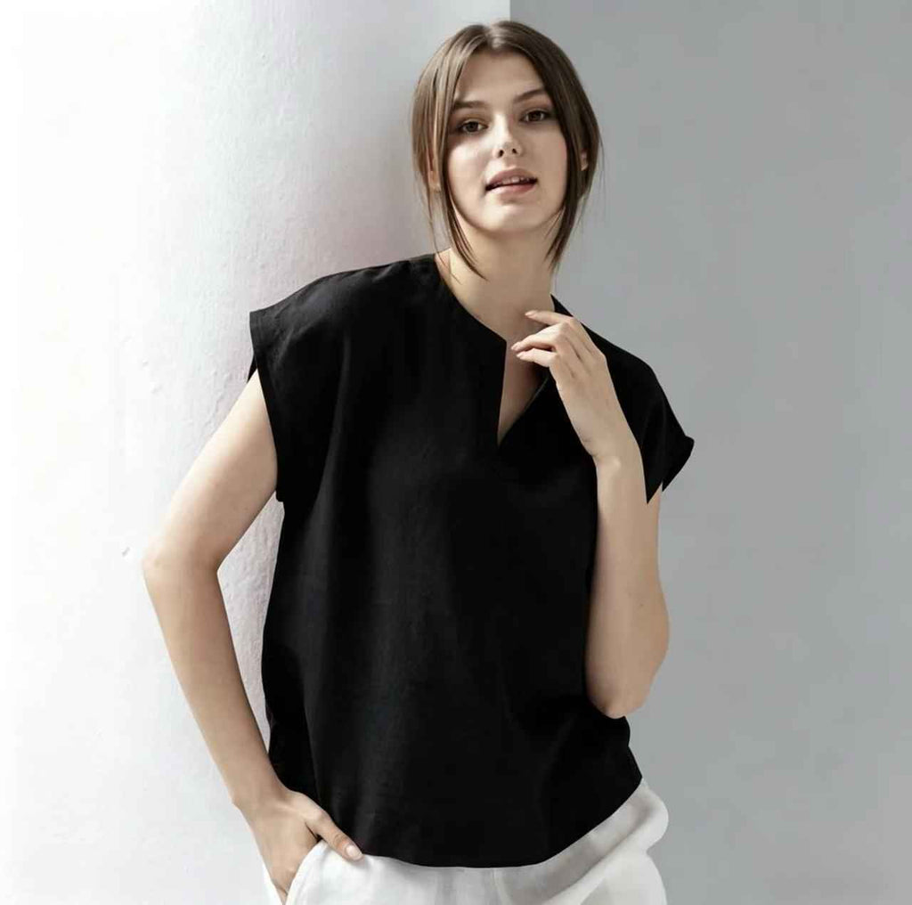 V-Neck Linen Short Sleeve Pullover Top