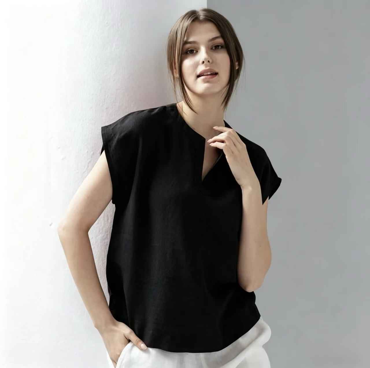 V-Neck Linen Short Sleeve Pullover Top