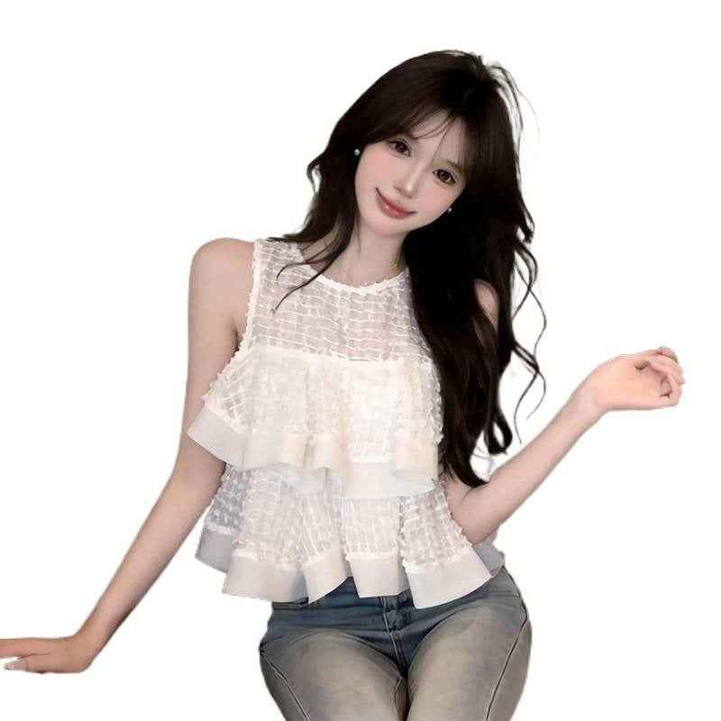 Sweet Sleeveless Double-layer Ruffled-edge Blouse