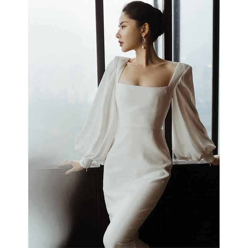 French Minimalist Mermaid Midi Dress – Lantern Sleeve