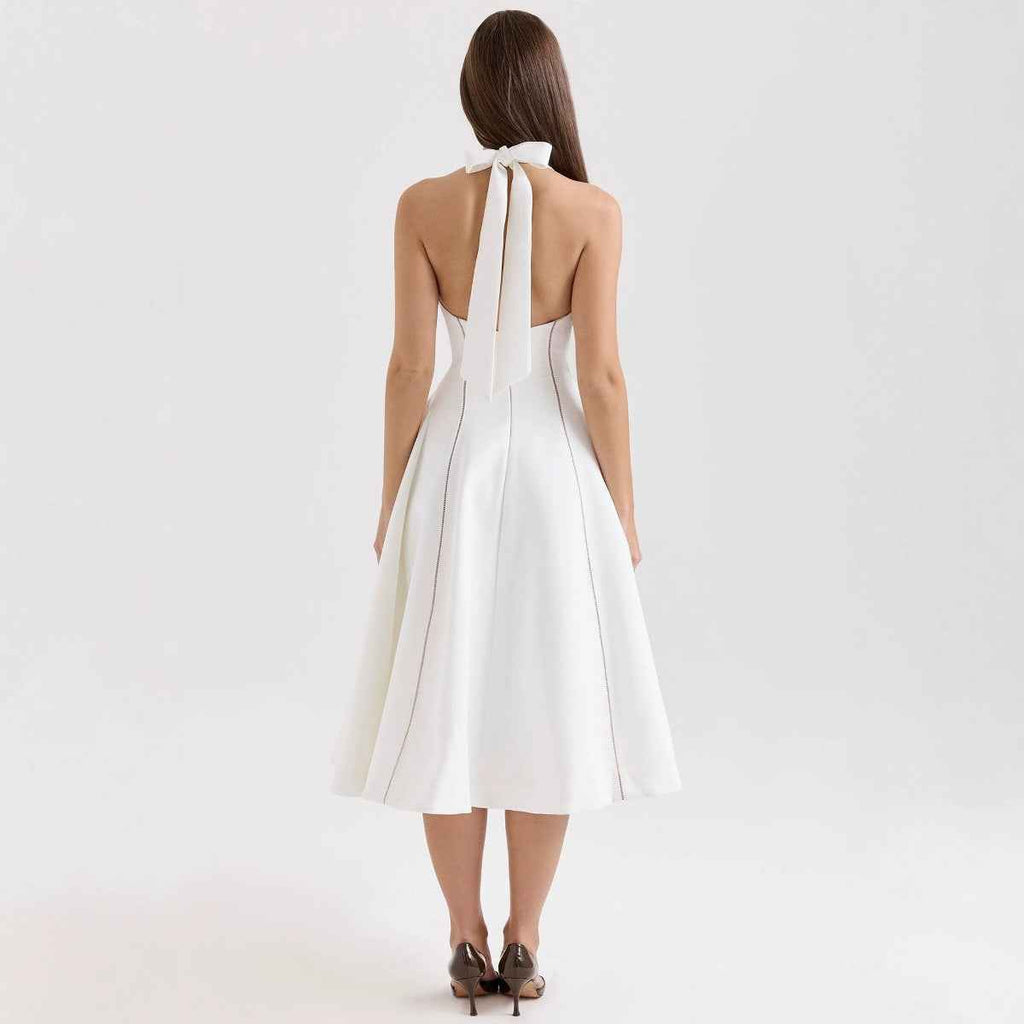 White Backless Halter-neck Mini Dress with Flared Hem