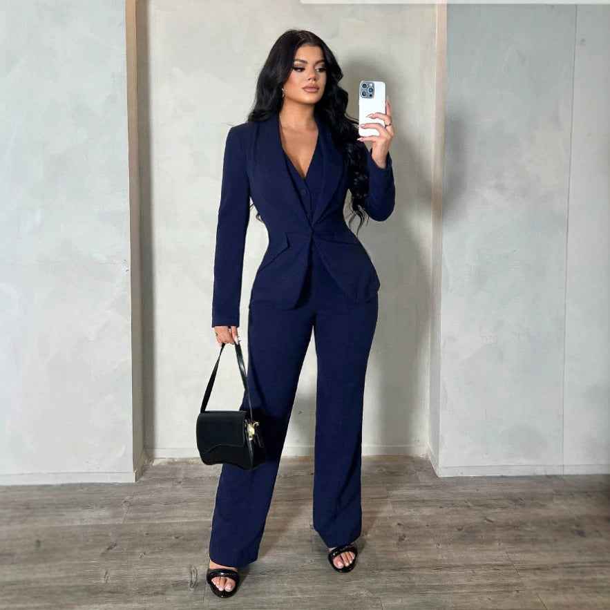 Cropped-Waist Three-Piece Suit Set – Long Sleeve Work Outfit