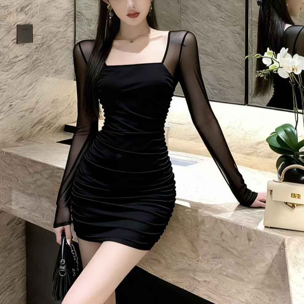 High-Waist Long-Sleeve Slim Dress — Sexy Elegant One-Piece