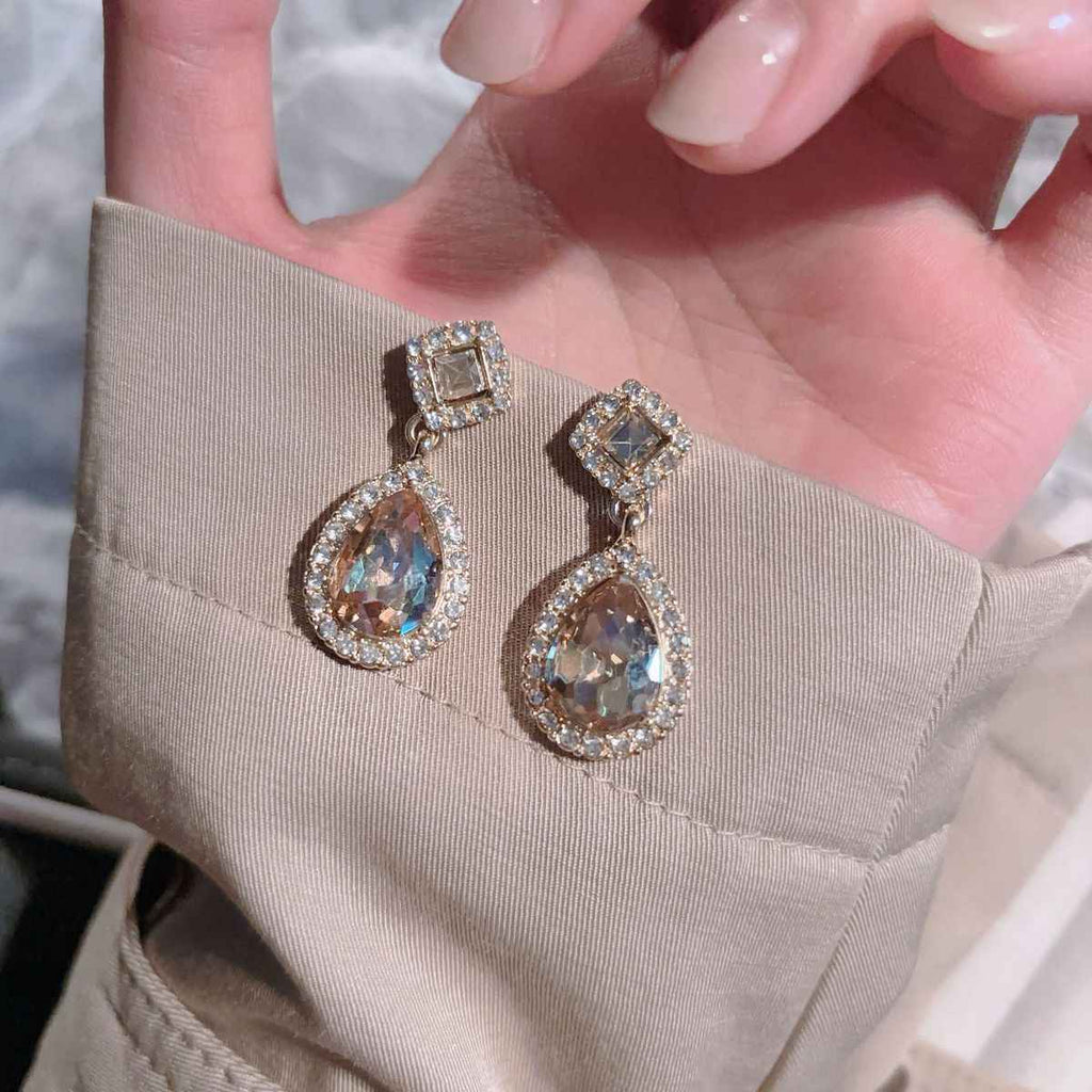 S925 Silver Super Sparkling Paved Rhinestone Teardrop Earrings For Women, Korean Personalized Versatile Drop Earrings, European American Exaggerated Stud & Clip On Ear Jewelry