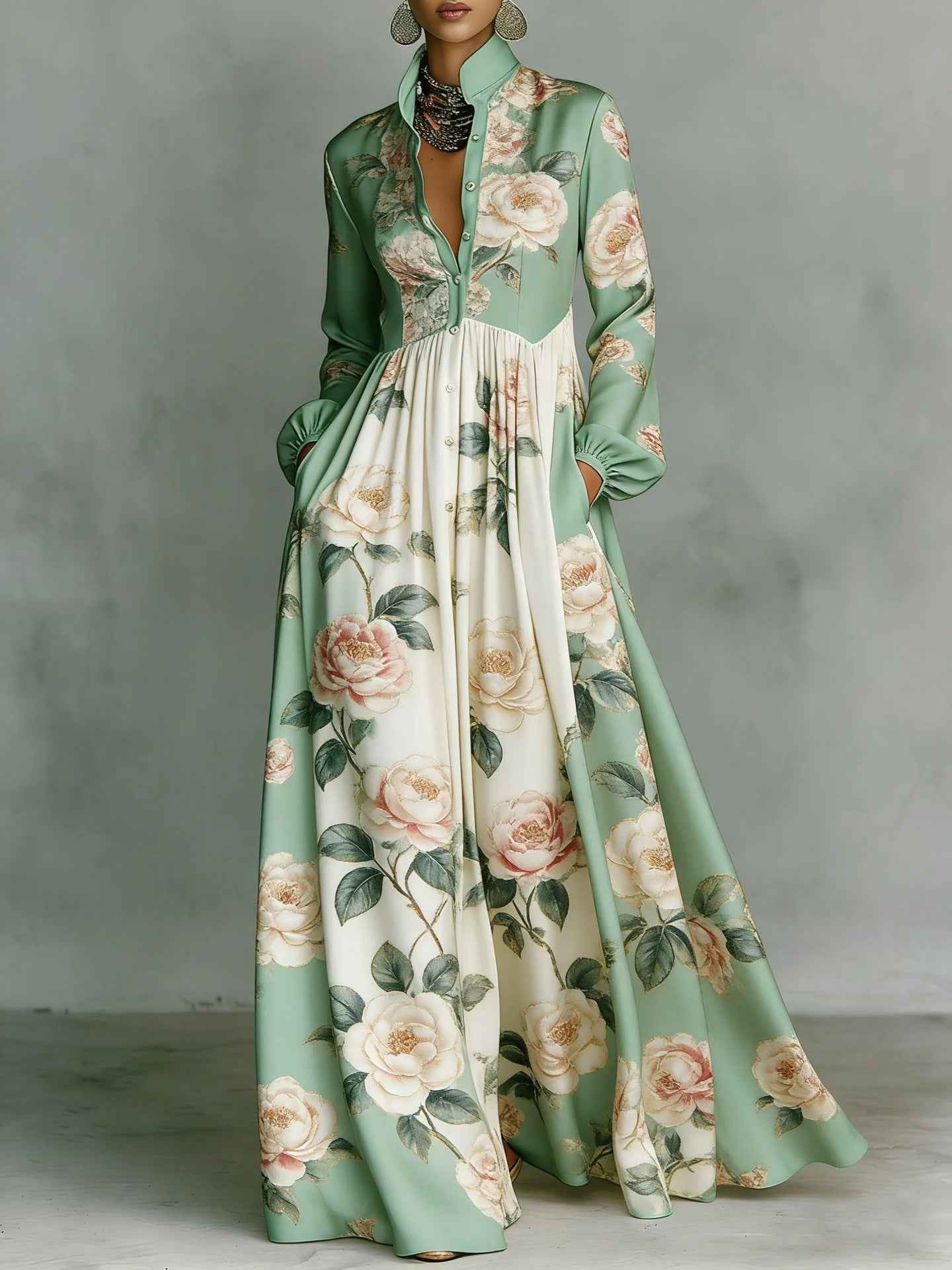 Womens Retro Casual Waist-Cinching Printed Dress