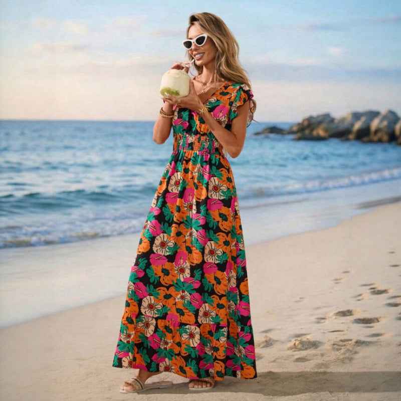 V-Neck Floral Slim-Fit Fashionable Dress