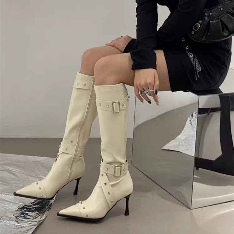 Pointed-Toe Rivet Buckle High-Heel Long Boots
