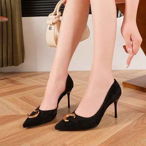 Women's Suede Pointed-Toe Stiletto Pumps with Gold Buckle — Black, EU 36–40