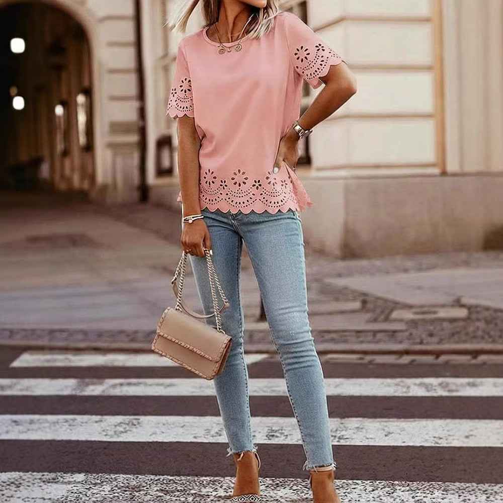 Hollow-out Embroidered Crew-Neck Short-Sleeve Top