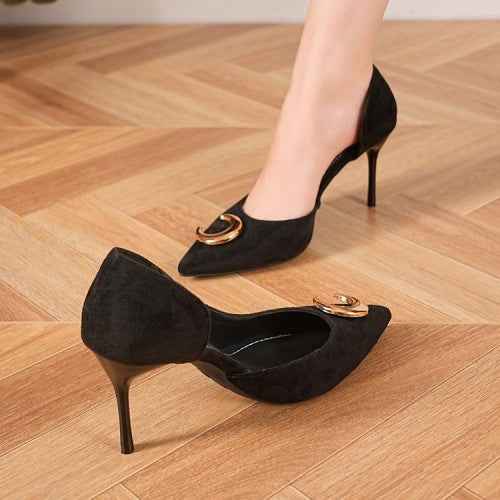 Women's Suede Pointed-Toe Stiletto Pumps with Gold Buckle — Black, EU 36–40