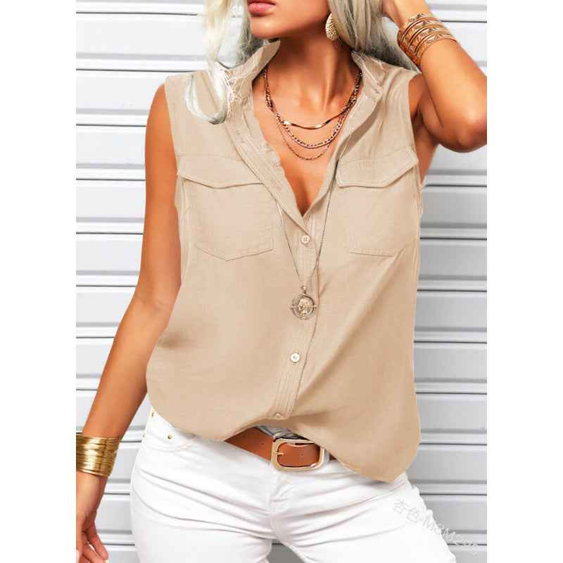 Sleeveless Lapel Blouse with Pockets – Loose Fit
