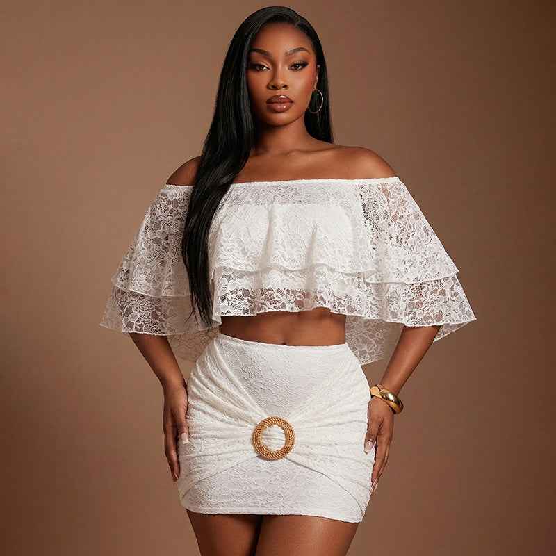 Off-Shoulder Lace Floral Crop Top & Sheath Skirt Set – Women’s Two-Piece