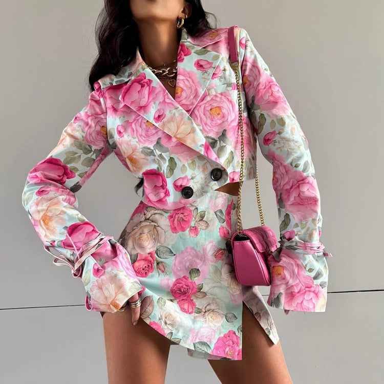 Women's Floral Print Blouse & Mini Skirt Set — Elegant Office Style, S–L