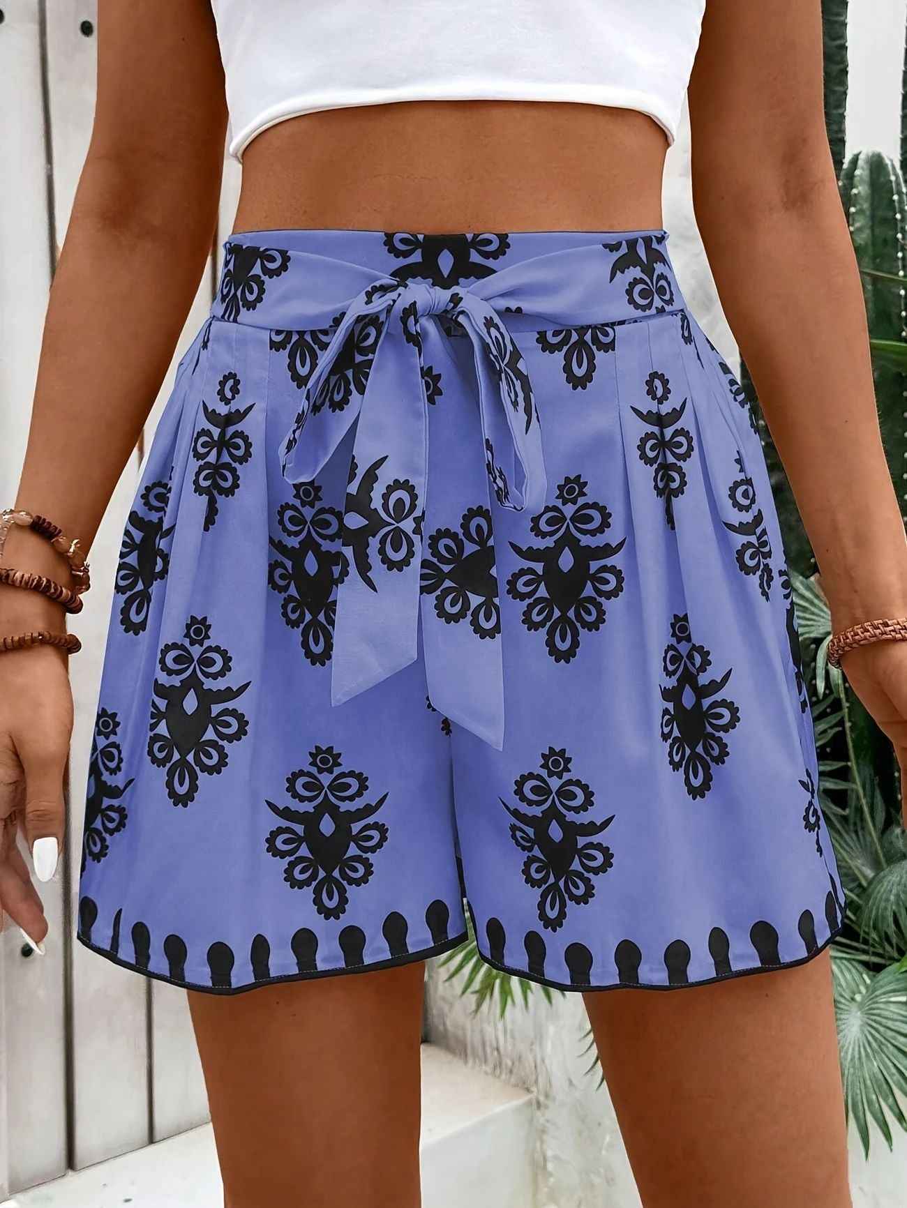 Womens Casual Versatile Printed Slim-fit Wide-leg Shorts