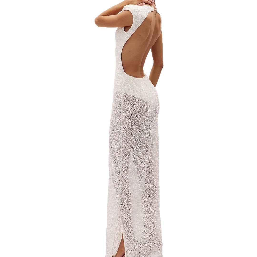 Womens Beaded Lace French-Style Dress