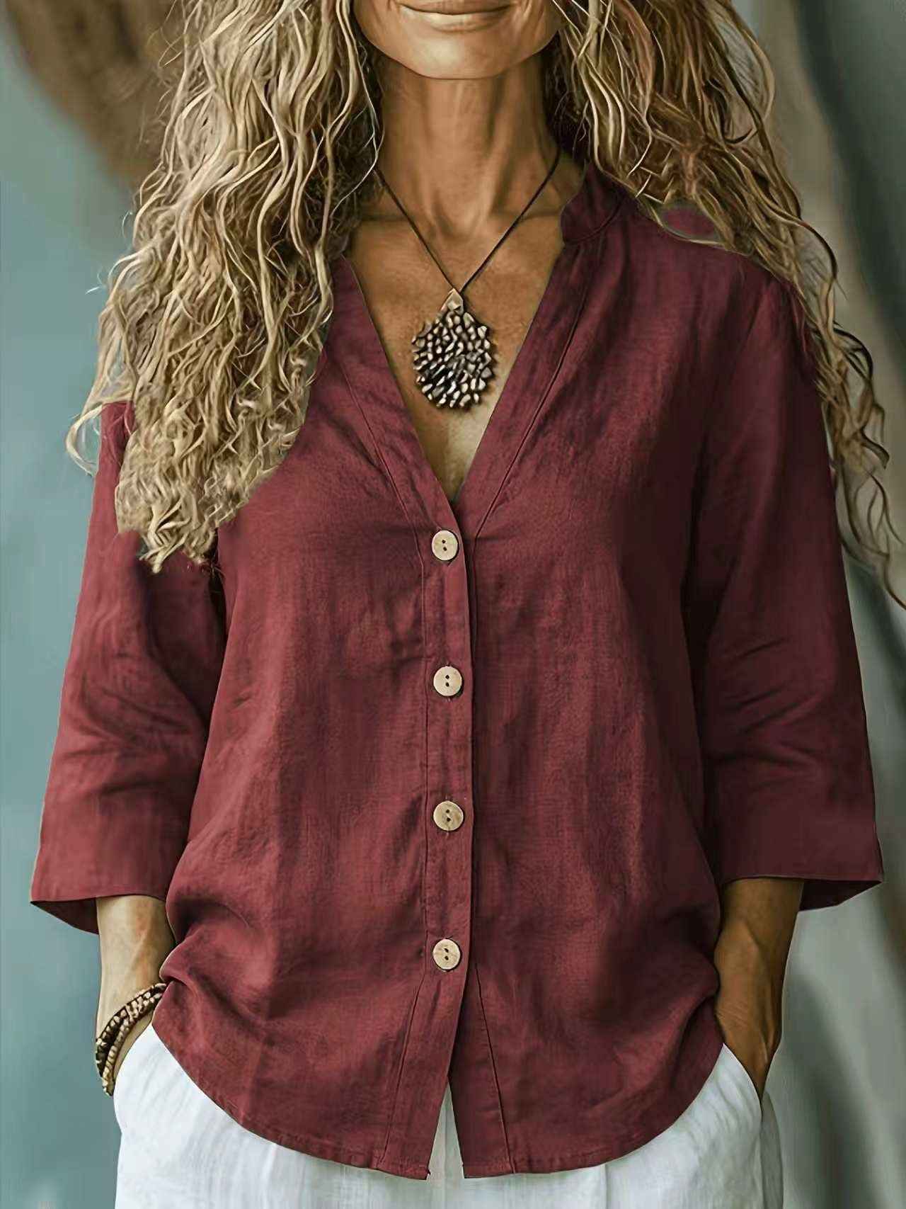 Casual Loose-fit V-neck Button-up Womens Linen Shirt