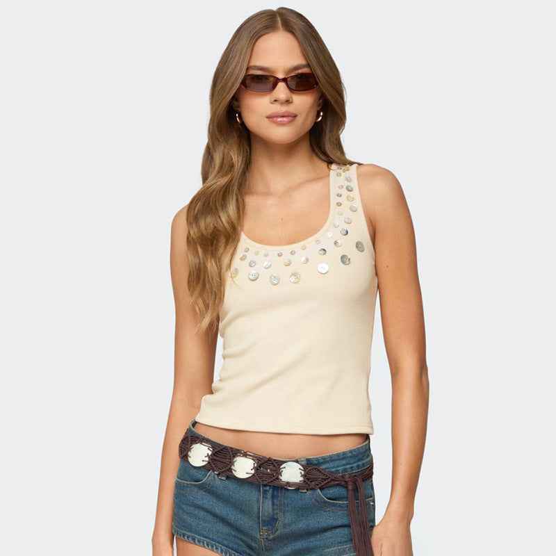 Slim-Fit Sleeveless Camisole Top – Apricot & Black
