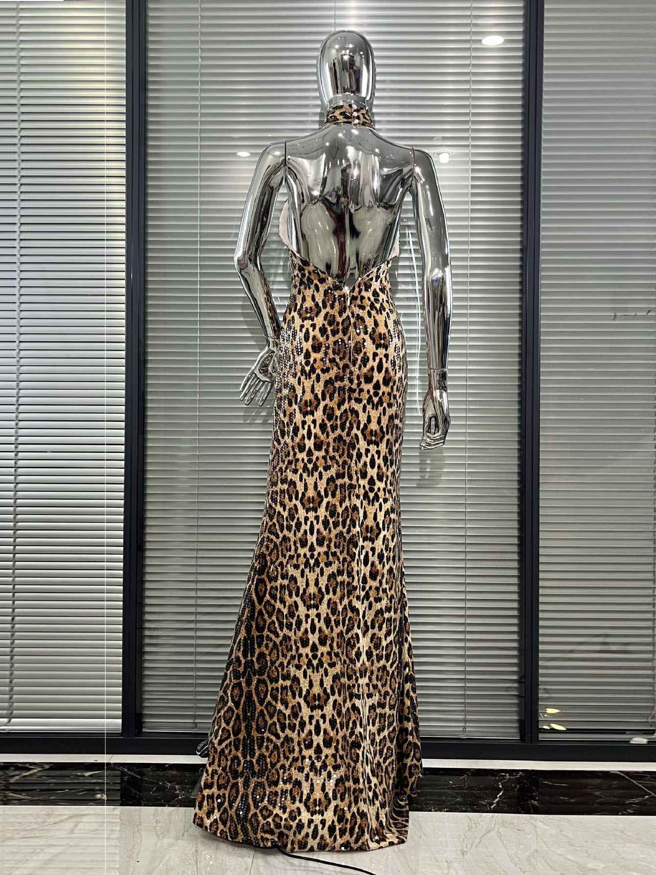 Leopard Print Sequin Halter-Neck Mermaid Gown