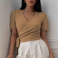 V-neck Knitted Short-sleeve Top With Tie Detail