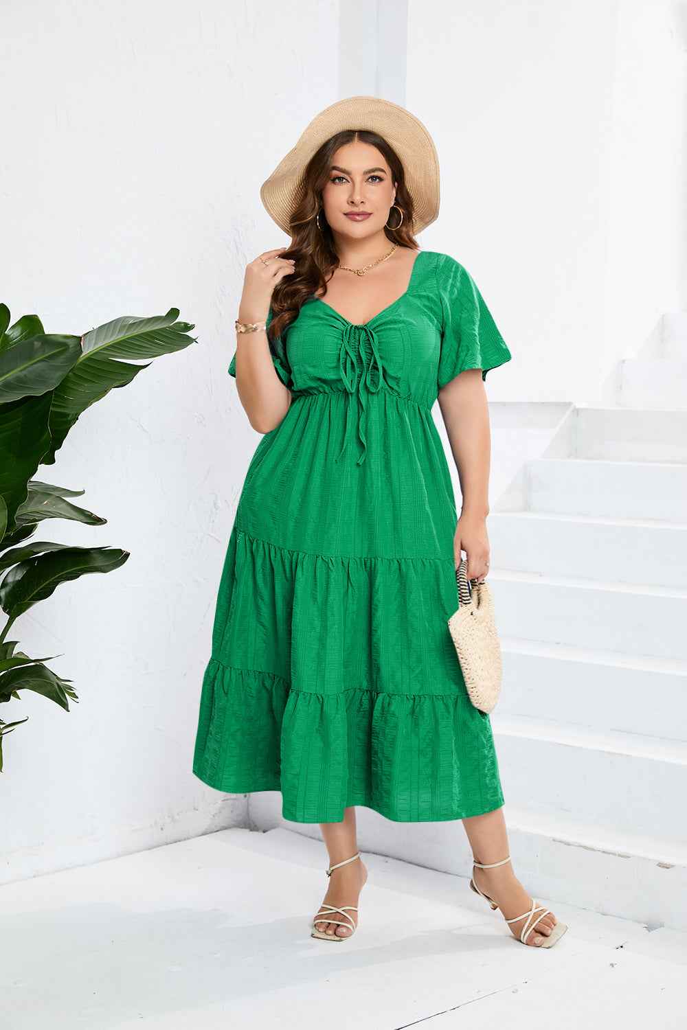V-Neck Drawstring Waist A-Line Midi Dress – Plus Size
