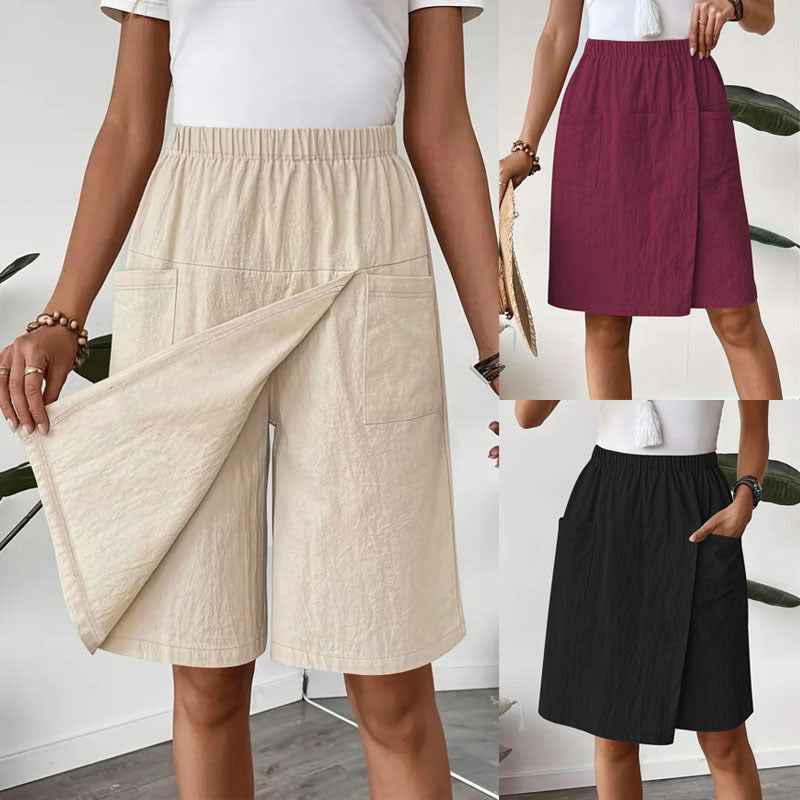 Women's Casual Elastic Waist Skort With Pockets Lightweight Wrap Front Knee-Length Shorts For Summer