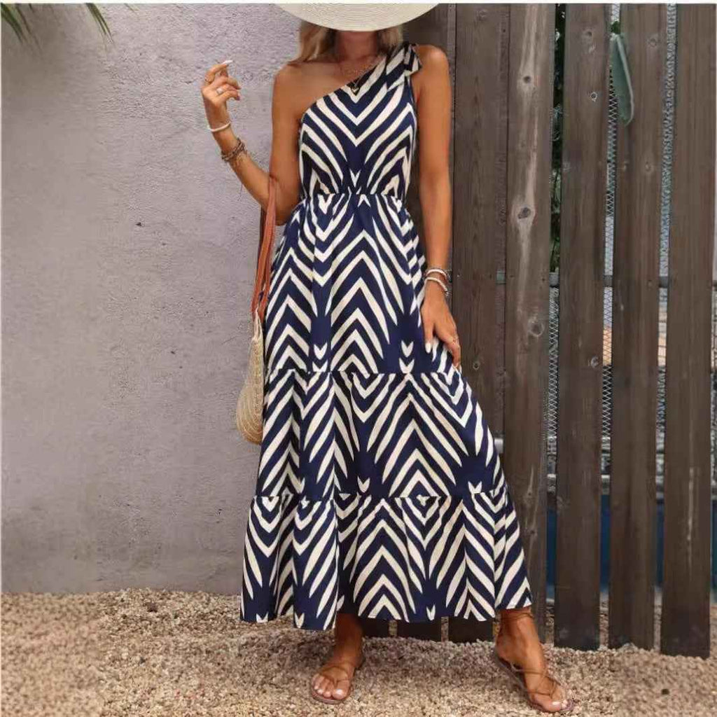 Printed Off-Shoulder Lace-Up Bohemian Dress
