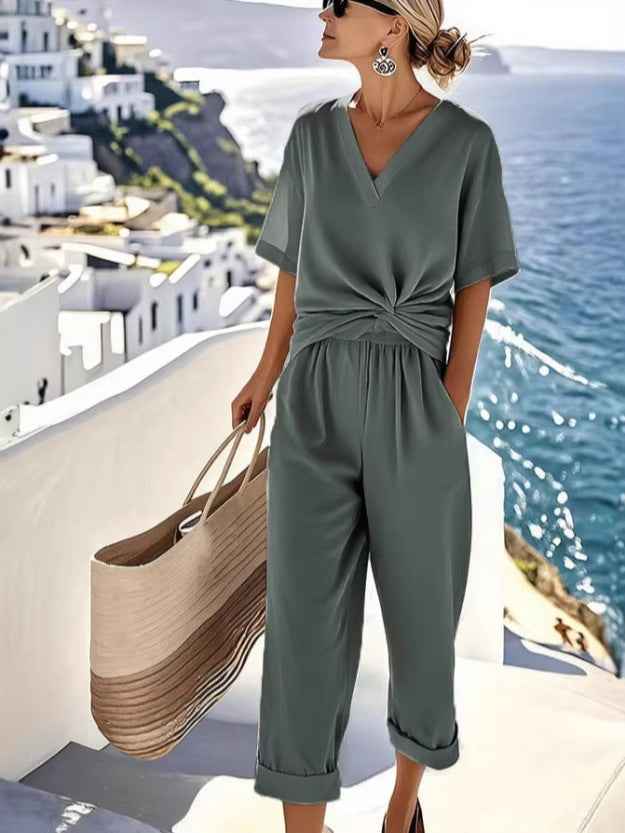 Asymmetrical Short-Sleeve Co-ord Set – Solid Colour