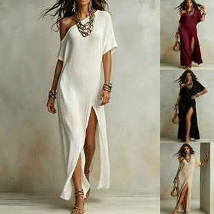 Short-Sleeve A-Line Midi Dress — Relaxed Fit Mid-Waist