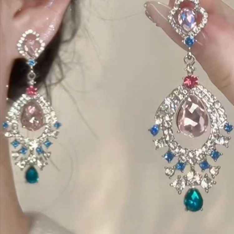 Heavy Craft Rhinestone Inlaid Teardrop Zircon Earrings, Vintage Light Luxury Style Women's Ear Jewelry