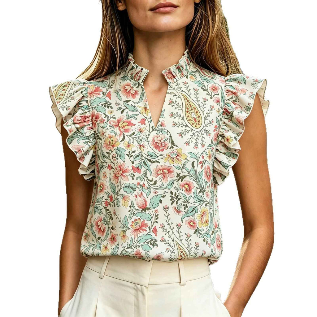 Ruffle-Trim Printed Sleeveless Shirt