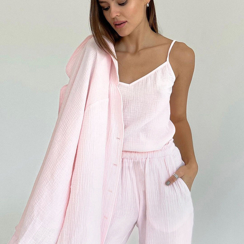 Cotton 3-Piece Loungewear Set — Vest, Coat & Trousers