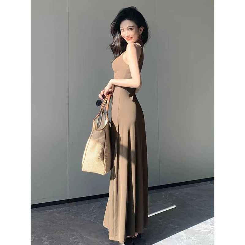 Women's Brown Sleeveless A-Line Maxi Dress — High Waist & Patchwork Detail