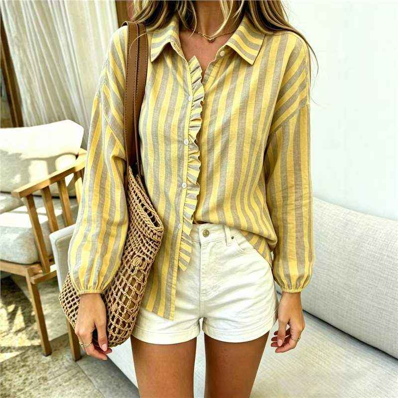 Women's Striped Puff-Sleeve Lapel Shirt