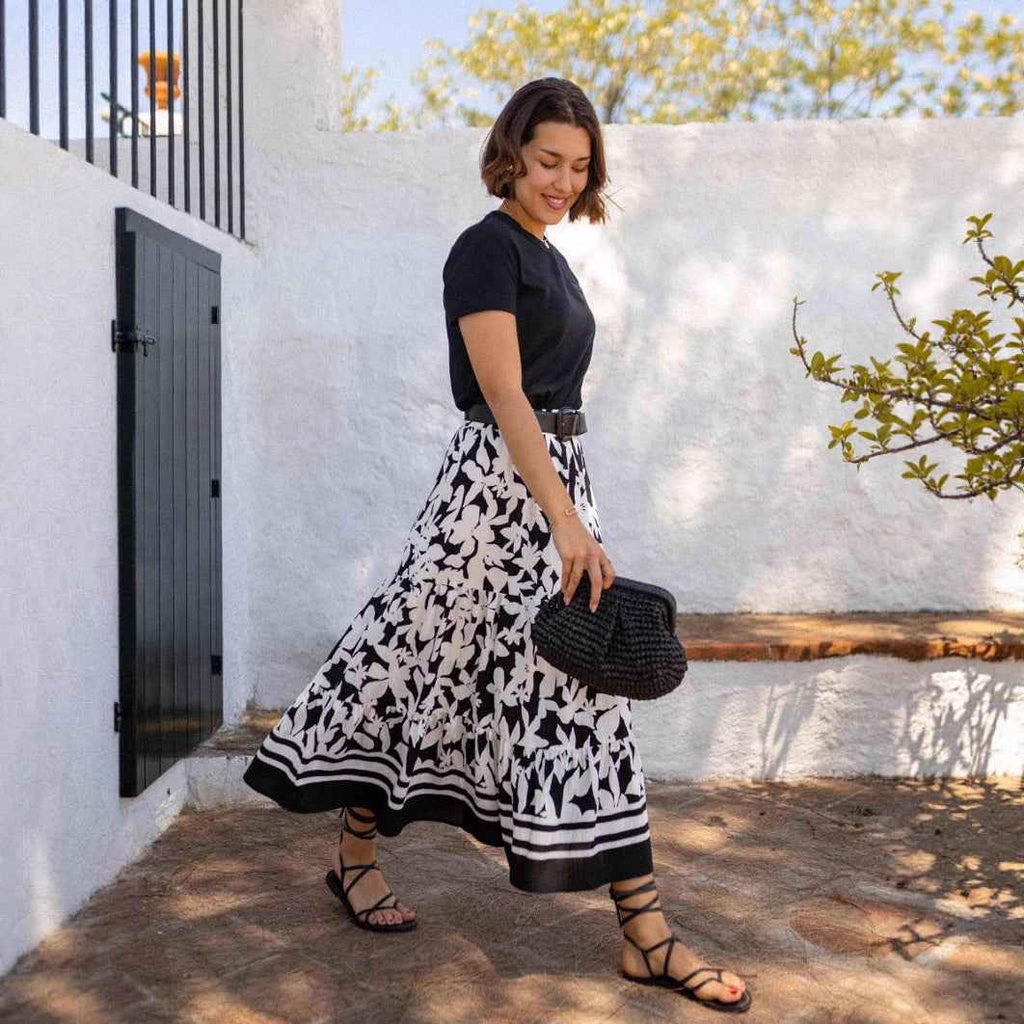 Women's Botanical Print Flared A-Line Midi Skirt