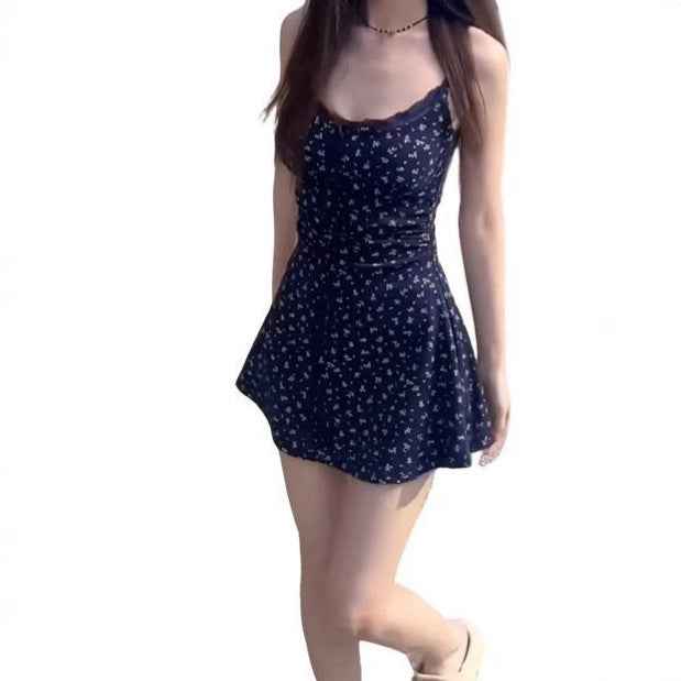 Floral Print Sleeveless High-Waist A-Line Mini Dress with Tie Detail
