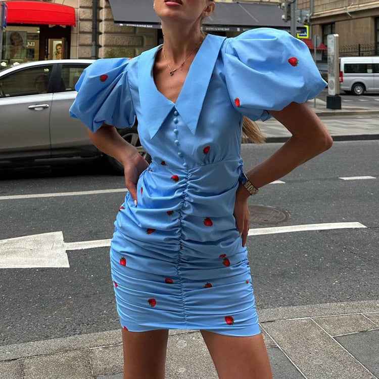 Strawberry Print Puff-Sleeve Pointed Collar Ruched Bodycon Mini Dress
