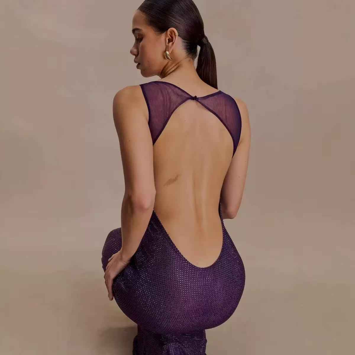 Rhinestone Embellished A-Line Maxi Dress – Tie-Back Luxury